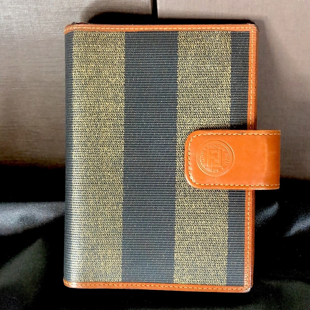 FENDI PEQUIN PECAN Striped Agenda Binder Passport Holder Credit Card Wallet